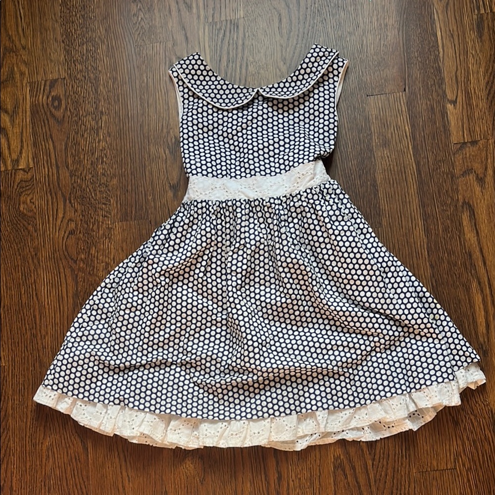 Busy Bees Girls Navy Polka Dot Dress with Lace Trim